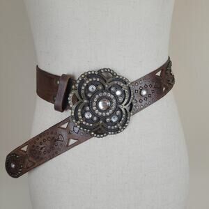 River Island Belt Small Brown Leather Western Rhinestone Studded Concho Tooled